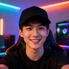 一位戴着黑色鸭舌帽的年轻男性玩家自拍头像，背景是RGB灯效的电竞房间，表情轻松自信